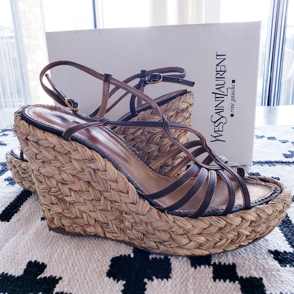 YSL Rafia Satin Wedge Sandals size 41